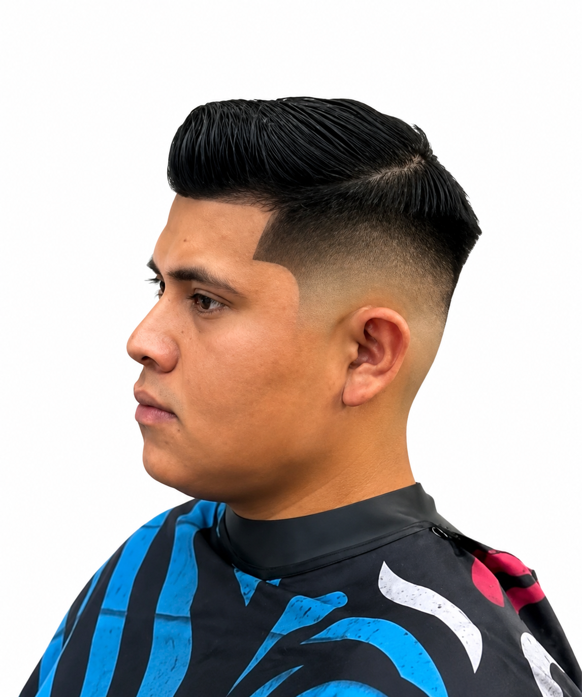 Pompadour with mid fade and sharp lineup